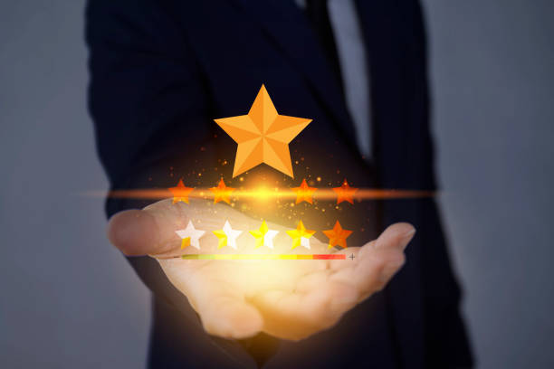 istock Best Excellent Services for Satisfaction present by Opened Hand of Client giving a Five Star Rating 1390011905