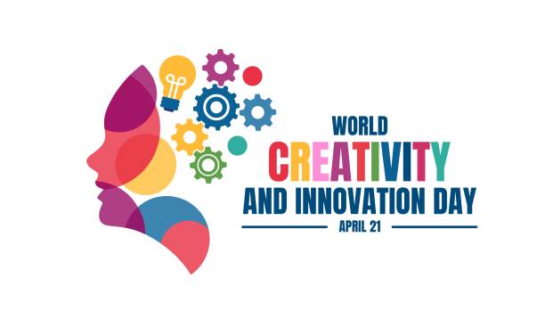 vector illustration of a head with a bulb and cog, as a banner, poster or template on world creativity and innovation day. - innovation 幅插畫檔、美工圖案、卡通及圖標