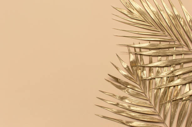 istock Gold colored tropical palm leaves on beige background flat lay top view copy space. Creative summer background with tropical leaves. Golden background, minimal nature concept 1390012856