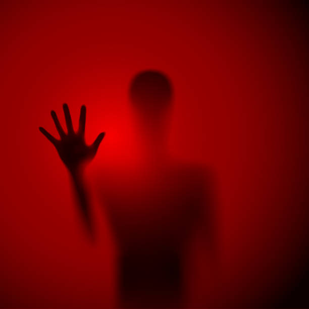 Blurred Shadow Shadow Blur of Horror Man Behind the Matte Glass. Blurry Hand, Body Figure Abstraction, and One Palms. The Reflection of the Silhouette Through the Light. Illustration on Red Background victim advocacy stock illustrations