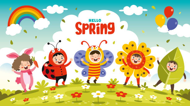 Spring Season With Cartoon Children Spring Season With Cartoon Children bee clipart stock illustrations