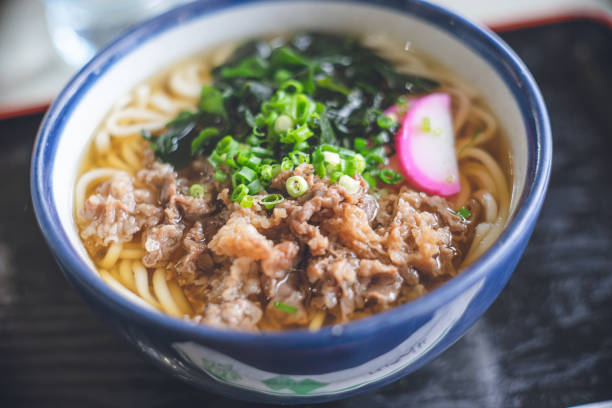 Fukue Island, Goto Islands, Nagasaki Prefecture Local specialty: Goto udon meat udon with a somen-like texture. stock photo