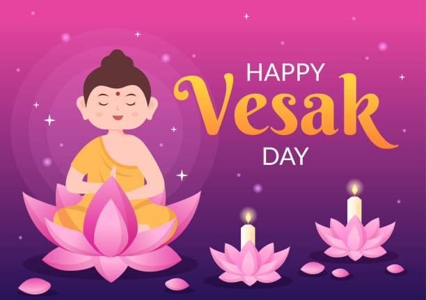 Vesak Day Celebration with Temple Silhouette, Lotus Flower Decoration, Lantern or Buddha Person in Flat Cartoon Background Illustration for Greeting Card Vesak Day Celebration with Temple Silhouette, Lotus Flower Decoration, Lantern or Buddha Person in Flat Cartoon Background Illustration for Greeting Card happy vesak day stock illustrations