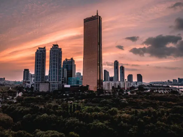 Aerial Photo of Hanwha Tower 63 Building during beautiful sunset in Yeouido, Seoul, South Korea