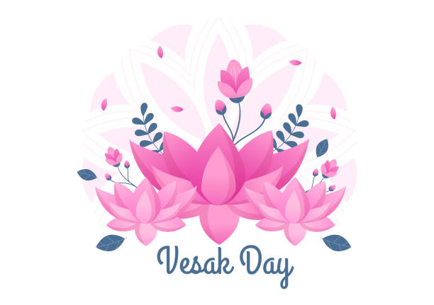 vesak day celebration with temple silhouette, lantern or lotus flower decoration in flat cartoon background illustration for greeting card or poster - happy vesak day 幅插畫檔、美工圖案、卡通及圖標
