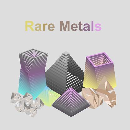Rare Metals concept. gadolinium, samarium, neodymium, Nickel, Cobalt, Lithium, Dysprosium and palladium, chemical elements with a high economic value. Symbols and atomic numbers.