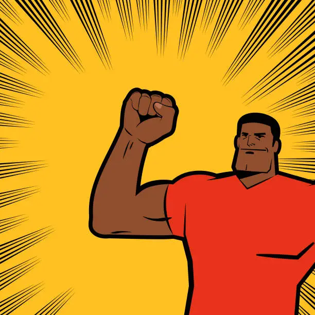Vector illustration of A strong man raises a fist in comics effects lines background