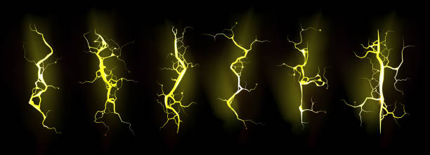 Set yellow lightning, electric thunderbolt strike Set of yellow lightning, electric thunderbolt strike during night storm. Powerful electrical discharge, impact, crack, magical energy flash. Realistic 3d vector bolts isolated on black background air attack stock illustrations