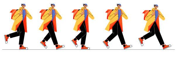 Courier character walk cycle sequence Courier character walk cycle sequence. Vector flat illustration of delivery service worker with backpack. Animation sprite sheet of walking deliverman steps in side view walking animation stock illustrations