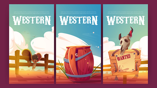 Western posters with wooden wanted sign, bull skull, horse saddle on fence and barrel. Vector banners of wild west with cartoon illustration of desert landscape with cowboy saddle and wood signboard