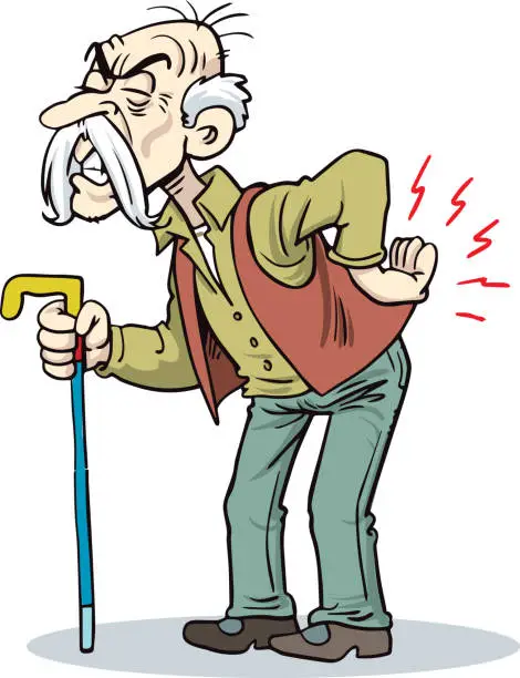 Vector illustration of Old man with a cane. An elderly man suffering from back pain