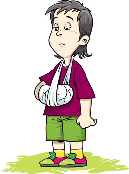 Vector illustration of Vector illustration of cartoon sad boy looking at his broken arm in cast.