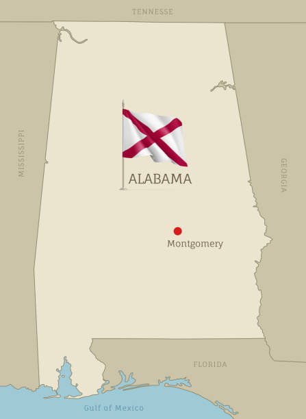 US, AL State highly detailed map with the flag US, AL State highly detailed map with the flag. Editable map of USA Federal State with territory borders, political or geographical design vector illustration alabama state map with cities stock illustrations