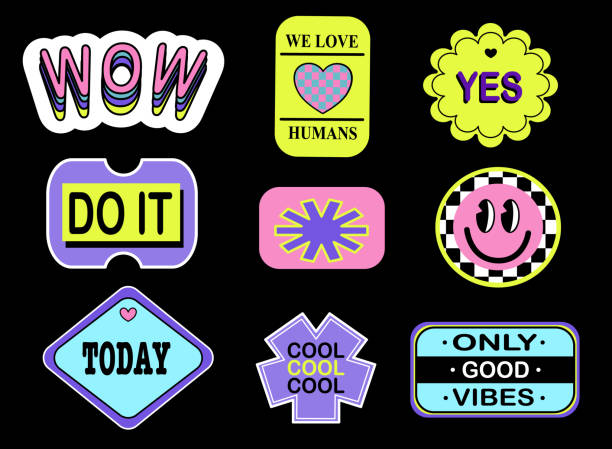 Set Of Cool Retro Stickers Vector Design. Acid Cool trendy retro stickers with smile faces, patches with different phrases. Funky, hipster retrowave stickers. Set Of Cool Retro Stickers Vector Design. Acid Cool trendy retro stickers with smile faces, patches with different phrases. Funky, hipster retrowave stickers. 1970 pictures stock illustrations