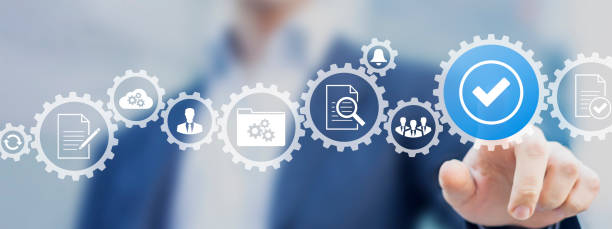 Business process management and automation with person validating document in workflow. Digital transformation, BPM and RPA to increase efficiency and productivity at work. stock photo