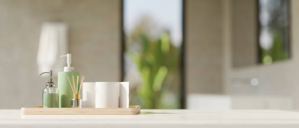 istock Bathroom tabletop with bathroom accessories set and copy space 1390032429