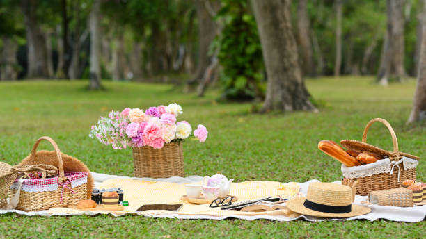 Picnic space in the park decorated with picnic basket, baguette in a wicker basket, pastries, straw hat, flower bouquet and accessories on tablecloth.
