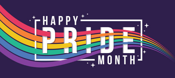 illustrazioni stock, clip art, cartoni animati e icone di tendenza di happy pride month - sventolando la bandiera dell'orgoglio arcobaleno con la barra della bandiera incrocia il testo pride sul disegno vettoriale dello sfondo viola - pride month
