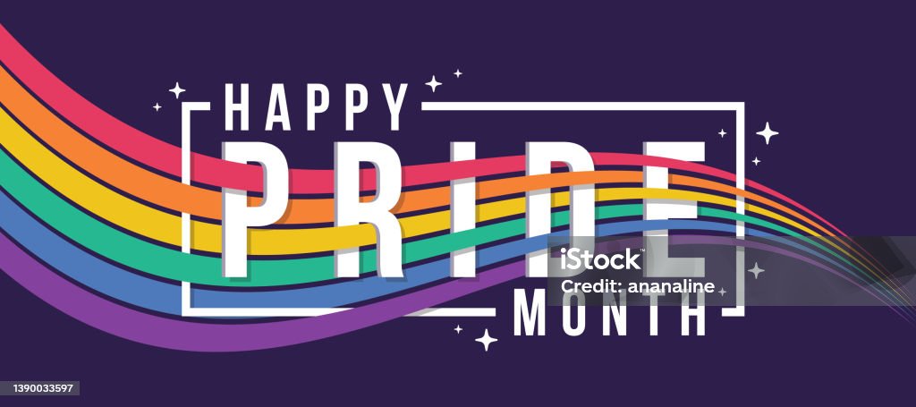 Happy pride month - waving rainbow pride flag with flag bar cross PRIDE text on purple background vector design LGBTQIA Pride Event stock vector