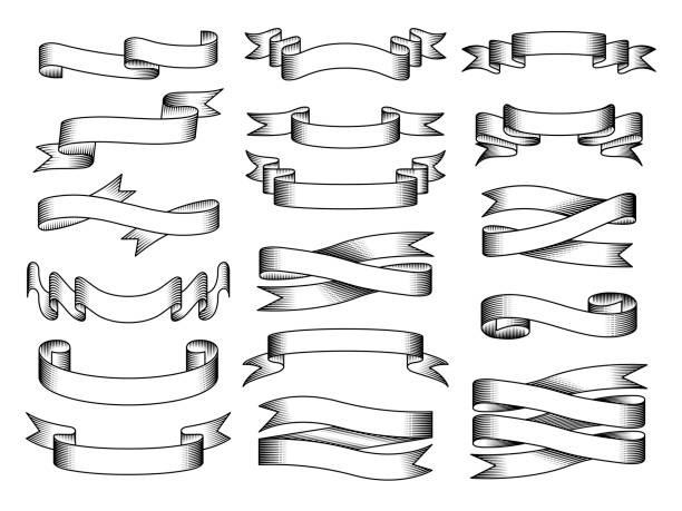 ilustrações de stock, clip art, desenhos animados e ícones de engraved ribbons. vintage tape templates for design labels recent vector old sketched banners - scroll shape