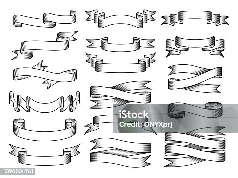 istock Engraved ribbons. Vintage tape templates for design labels recent vector old sketched banners 1390034761