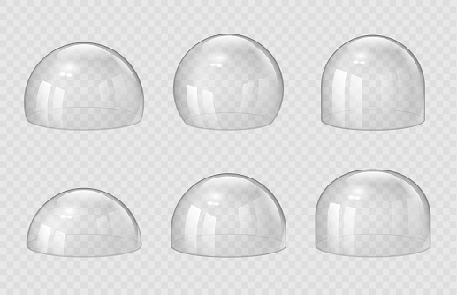 Transparent domes. Exhibition display transparent spherical cases decent vector 3d realistic souvenirs. Glass dome transparent for exhibition