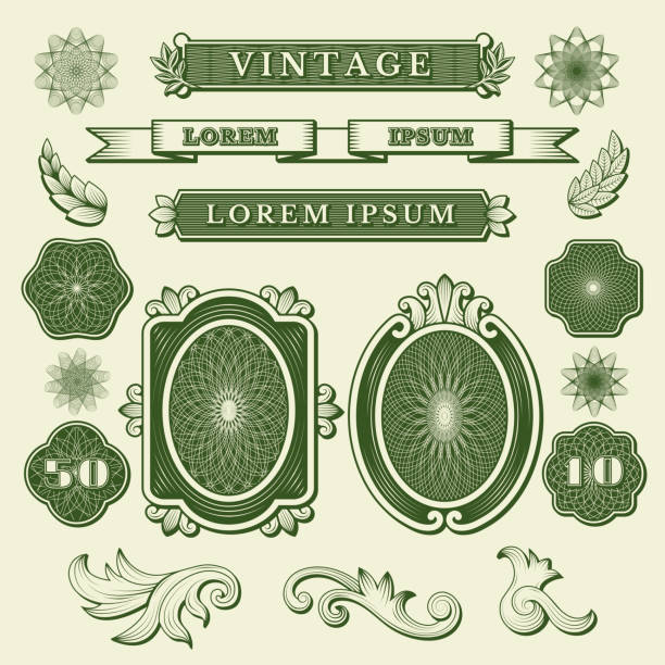 Money vintage ornament. Financial fonts labels flowers and frames for labels 100 or 50 dollars design templates recent vector illustrations set Money vintage ornament. Financial fonts labels flowers and frames for labels 100 or 50 dollars design templates recent vector illustrations set. Illustration of financial bank watermark money stock illustrations