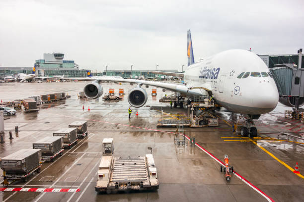 View at Frankfurt airport with a airplane Frankfurt, Germany - September 27, 2019: View at Frankfurt airport with a airplane frankfurt international airport stock pictures, royalty-free photos & images