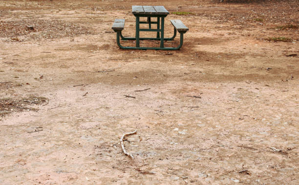 old picnic bench in dry arid parkland