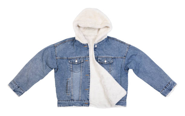 istock Beautiful women's blue denim jacket with white fur lining isolated on white background. 1390037449