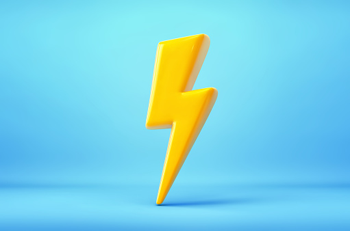Yellow thunderbolt, flash of lightning on blue background. Symbol of energy and power. 3D rendering