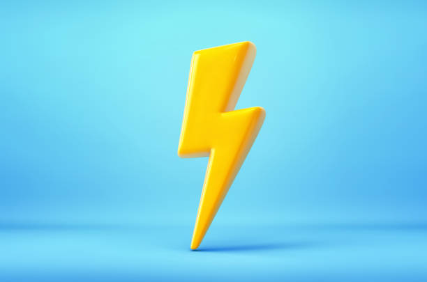 Yellow thunderbolt, flash of lightning. Symbol of energy and power Yellow thunderbolt, flash of lightning on blue background. Symbol of energy and power. 3D rendering thunder bolt 3d stock pictures, royalty-free photos & images