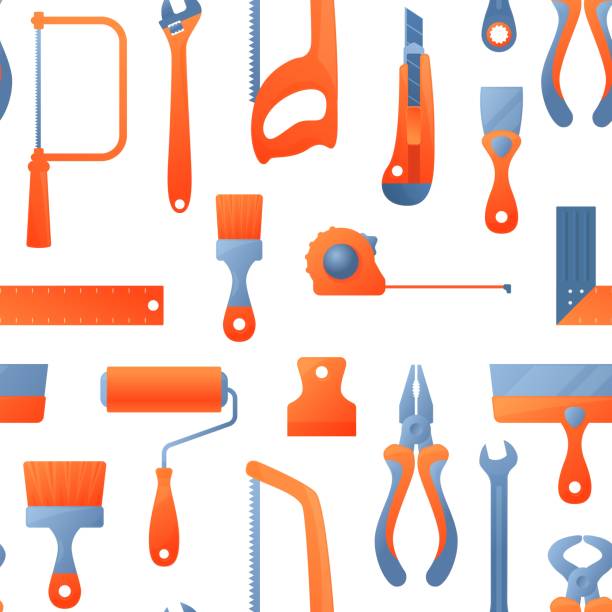 ilustrações de stock, clip art, desenhos animados e ícones de vector seamless pattern with repair working tools. cartoon hardware tools texture background. vector illustration equipment for home repair, renovation, building and construction. hand work tools. - home decorating nail screw spanner