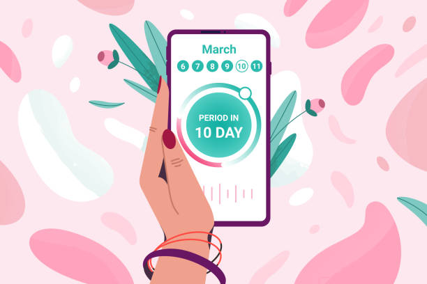 flache frau hand halten smartphone mit menstruationszyklus kalender - menstruation gesundheitswesen und medizin stock-grafiken, -clipart, -cartoons und -symbole