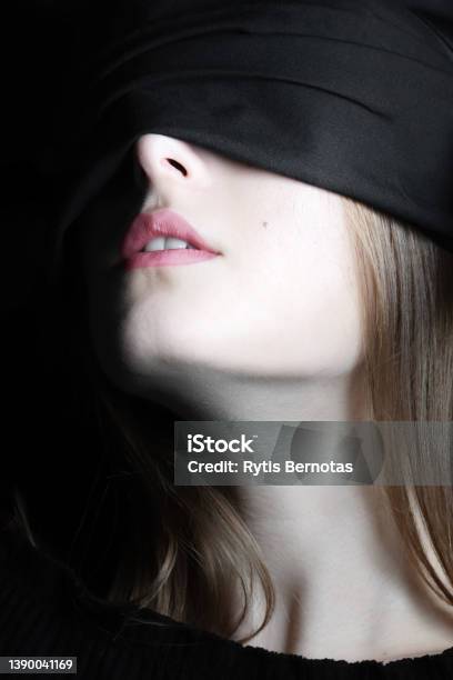 Beautiful Blindfolded Girl On Black Stock Photo 1110290966