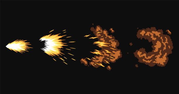 istock Gun flashes or gunshot animation. Collection of fire explosion effect during shot with gun. Cartoon flash effect of bullet starts. Shotgun fire, muzzle flash and explode 1390041465