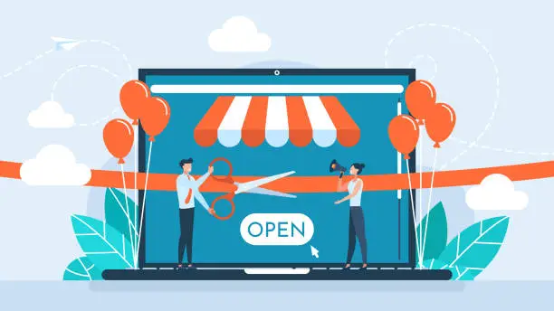 Vector illustration of Grand opening concept. New online store, website, account. A businessman holding scissors in his hand cuts a red ribbon. The ceremony, celebration, presentation, and event. Vector flat illustration