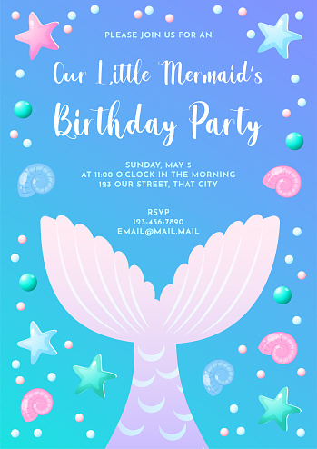 Cute illustration of mermaid tail, sea shells and star fish. Birthday concept. Vector 10 EPS.