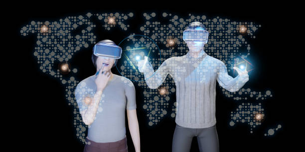 istock man wearing vr glasses holographic world map Virtual touch and virtual world navigation technology 3D illustration 1390048208