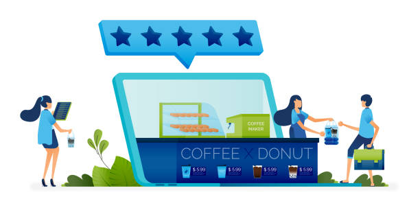 Illustration of SMEs sell coffee and donuts with 5 star satisfaction internet rating. support lower businesses for economic sustainability. Can be used for website, mobile app, poster, flyers, banner Illustration of SMEs sell coffee and donuts with 5 star satisfaction internet rating. support lower businesses for economic sustainability. Can be used for website, mobile app, poster, flyers, banner small business owner on computer stock illustrations