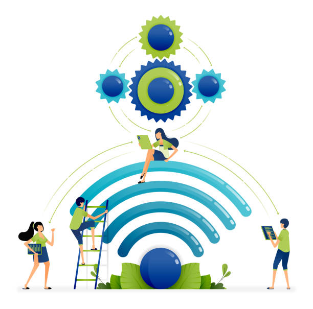 istock Illustration of wifi technology that is connected and accessible with all sources of data for easy access and user profiling. Can be used for landing page, website, mobile app, poster, flyers, banner 1390049420