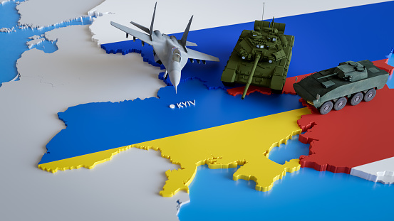 3d render of russian militaary airplane, tank and armored vehicle attacking map of Ukraine. Concept of war conflict, invasion, military aggression, political crisis, EU danger