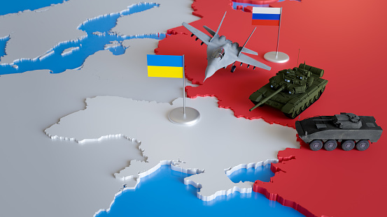 3d render of russian military vehicles and airplane moving towards map of Ukraine. Concept of war conflict, invasion, military aggression, political crisis, EU danger.