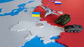 3d render of russian military vehicles and airplane moving towards map of Ukraine. Concept of war conflict, invasion, military aggression, political crisis, EU danger