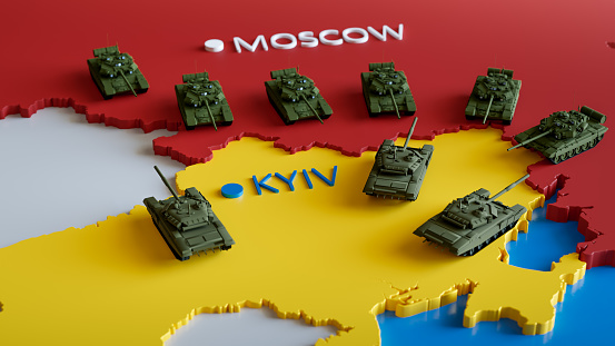 3D render of tank battle between Ukrainian and russian tanks on the map. Concept of war conflict, invasion, military aggression, political crisis, EU danger.