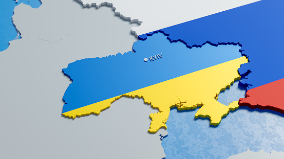 3D render of map of Ukraine and russia. Concept of war conflict, invasion, military aggression, political crisis, EU danger