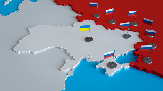 3D render of russian flag standing on map of Ukraine. Concept of war conflict, invasion, military aggression, political crisis, EU danger