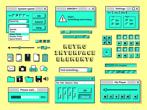 Old pc elements. 1990s technology, computer graphics interface console. Vintage internet bar style, retro 80s trendy geek web window vector design. Illustration of old interface 90s, system software