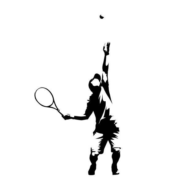 ボール、サービス、抽象的な孤立したベクターシルエットを提供するテニスプレーヤー - forehand点のイラスト素材／クリップアート素材／マンガ素材／アイコン素材