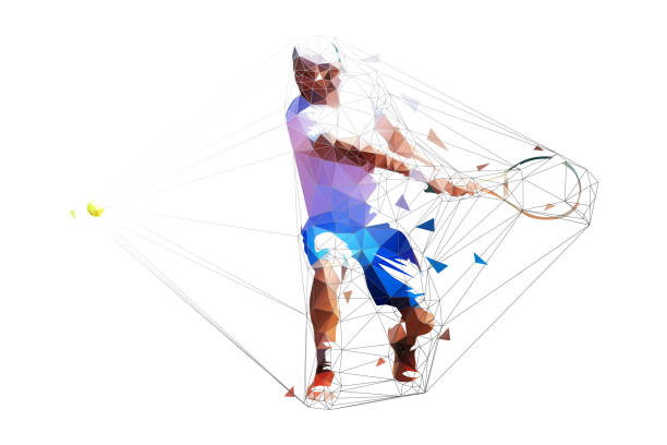 테니스 선수 다각형 벡터 일러스트레이션. 테니스를 치는 남자. 기하학적 문자 - tennis serving silhouette racket stock illustrations